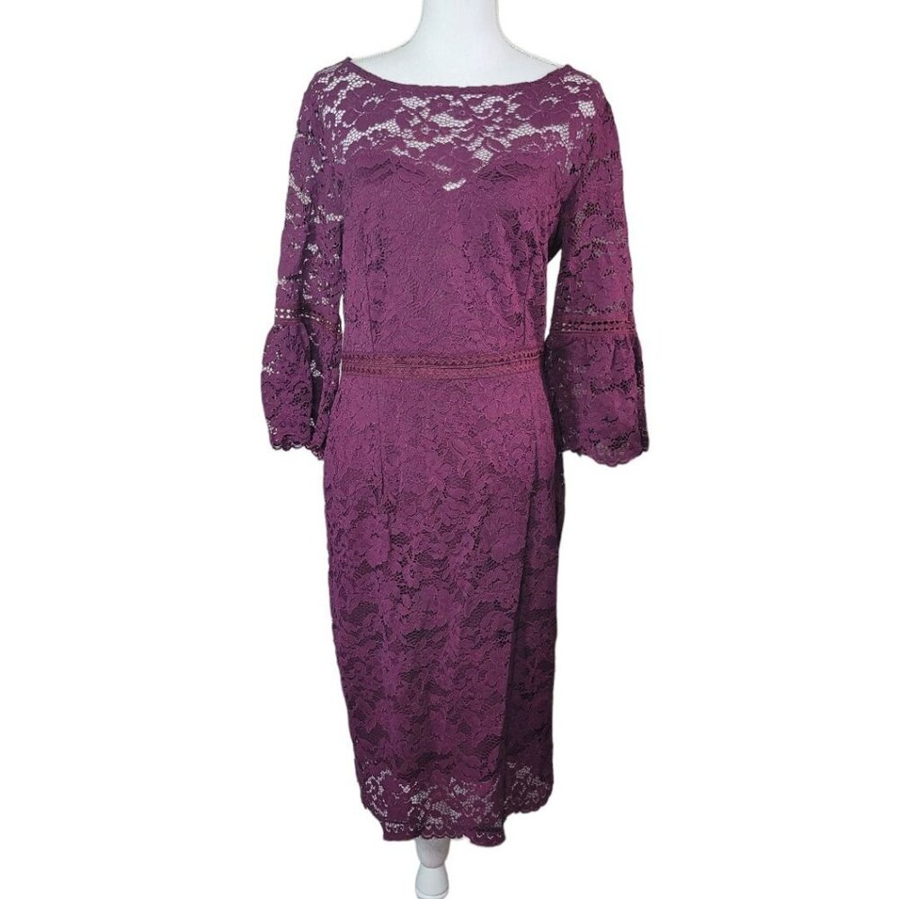 Knitee Lace Dress Womens 14 Zip Mother Groom Bride Red Burgundy Maroon Midi Slip